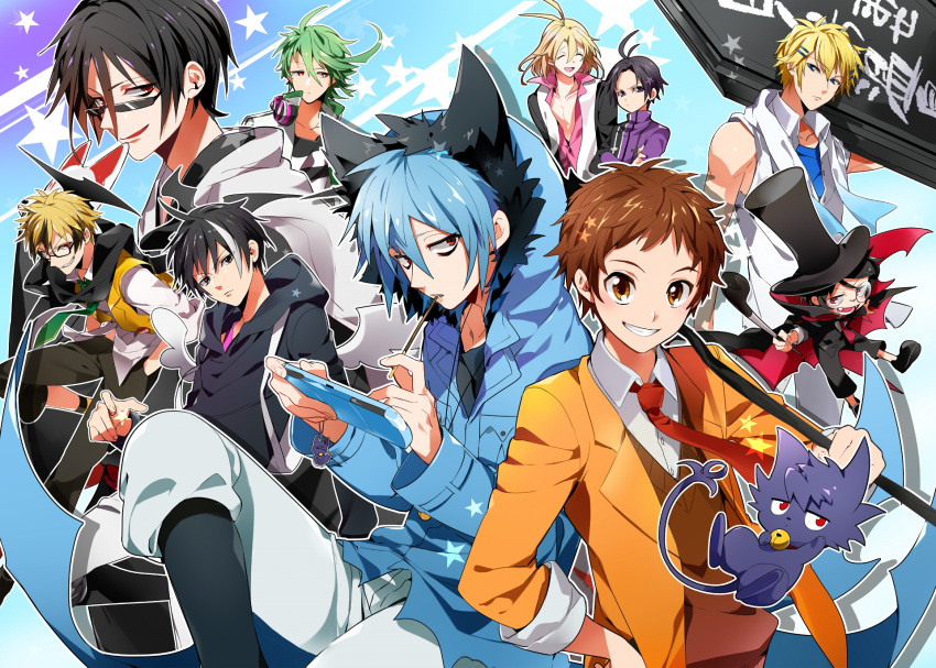 6+boys, ahoge, alicein_misono, all_of_love, animal_ears, antenna_hair, backpack, bag