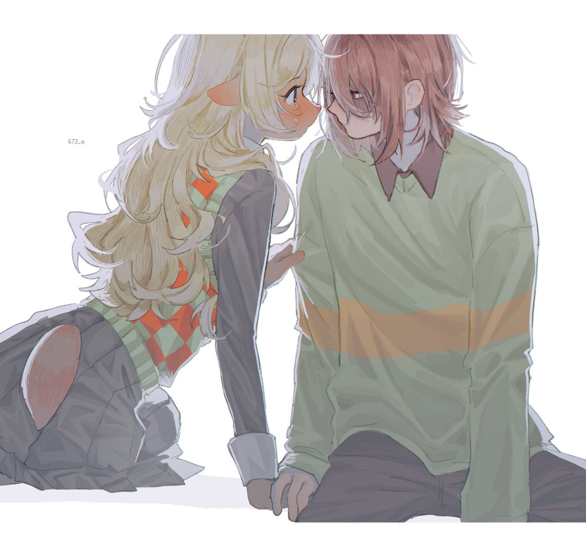 1boy, 1girl, 673_q, animal_ears, black_pants, blonde_hair, blue_eyes, blush