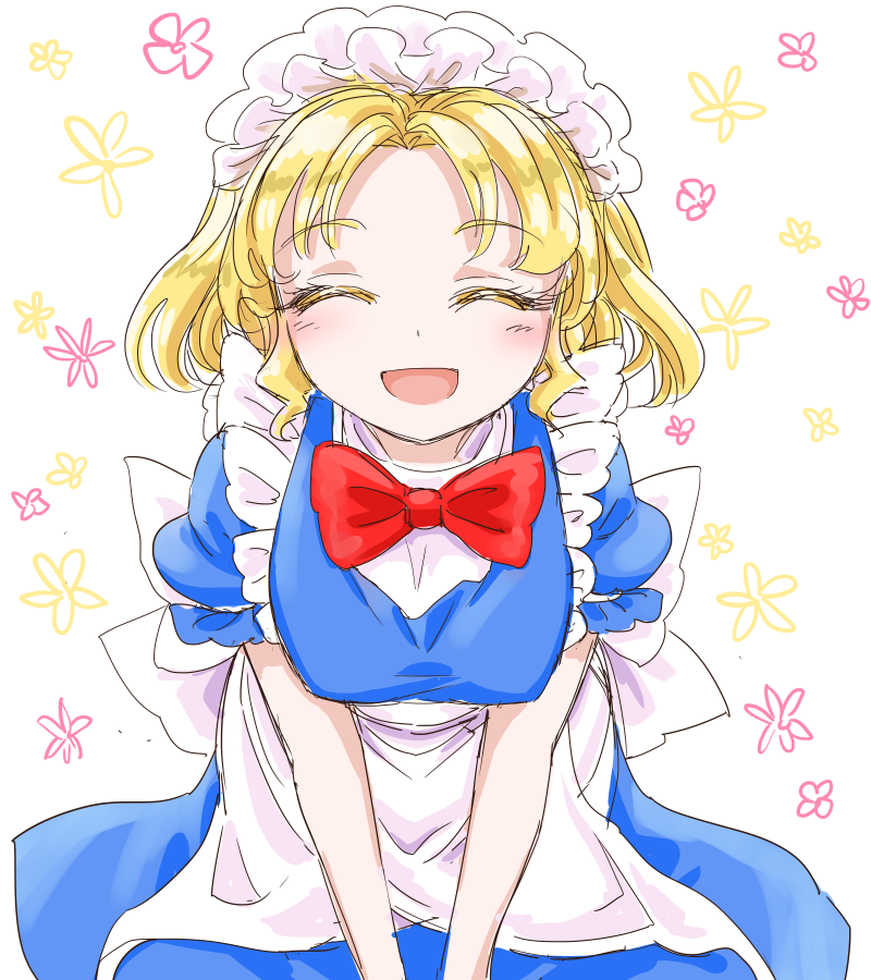 1girl, apron, back_bow, blonde_hair, blue_dress, blush, bow, bowtie
