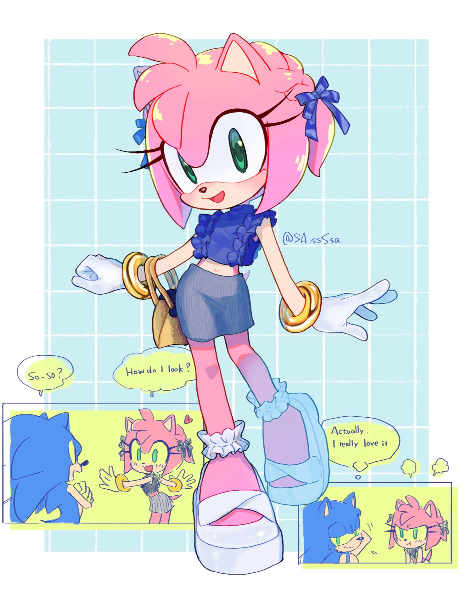1boy, 1girl, alternate_costume, amy_rose, animal_ears, animal_nose, bag, blue_bow, blue_fur, blue_shirt, blush, body_fur, boots, bow, bracelet, breasts, casual, closed_mouth, crop_top, dress, english_text, eulipotyphlan, eyelashes, frilled_shirt, frills, furry, furry_female, furry_male, gloves, gold_bracelet, green_eyes, grey_skirt, hair_bow, hair_ornament, hairband, hands_up, heart, hedgehog, highres, holding, jewelry, konjiki_ringo, looking_at_another, looking_at_viewer, navel, open_mouth, pink_fur, pink_hair, shirt, shoes, short_hair, short_sleeves, skirt, sleeveless, sleeveless_shirt, smile, sonic_(series), sonic_the_hedgehog, standing, tail, talking, white_gloves