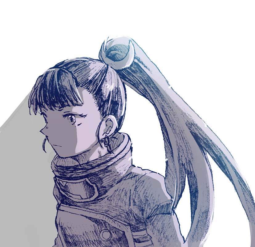 1girl, another_eden, blue_theme, closed_mouth, commentary_request, crescent, crescent_hair_ornament, earrings, from_side, hair_ornament, hatching_(texture), high_collar, high_ponytail, jacket, jewelry, kikyo_(another_eden), linear_hatching, long_hair, looking_ahead, michibata_65, monochrome, ponytail, shadow, simple_background, solo, upper_body, white_background