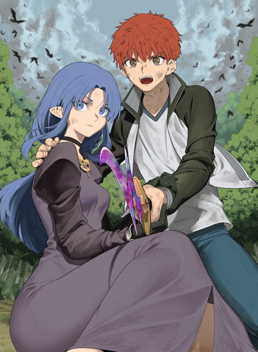 1girl, alternate_universe, blazer, braid, breasts, contemporary, elf, emiya_shirou