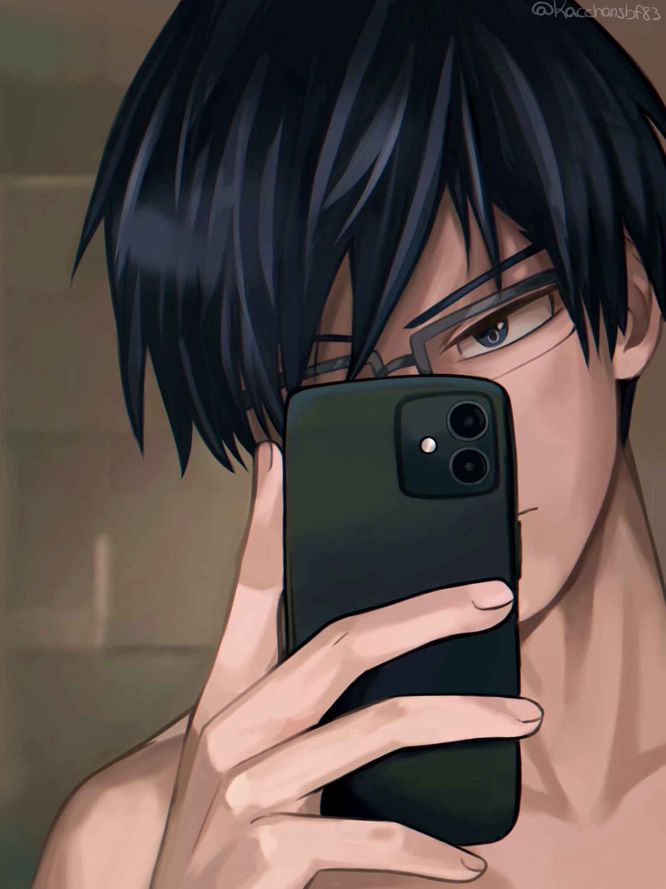 1boy, black_hair, blue_eyes, boku_no_hero_academia, cellphone, closed_mouth, collarbone, commentary