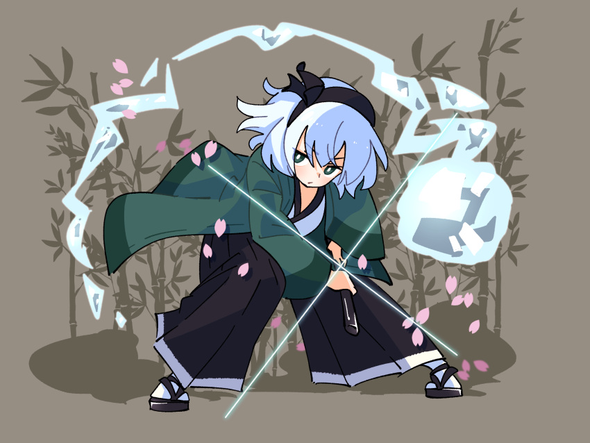1girl, black_hairband, black_hakama, black_pants, full_body, glint, gram_9, green_eyes