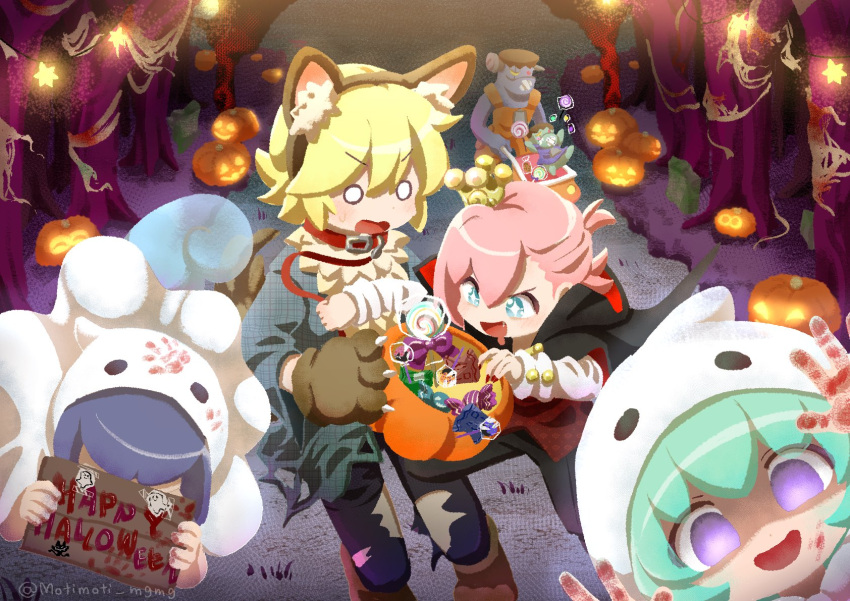 1girl, 5boys, against_fourth_wall, animal_collar, animal_ear_hairband, animal_ears, animal_hands, arm_warmers, artist_name, baby, bag, bandaid, bandaid_on_face, bare_arms, bare_tree, basket, black_cape, black_hair, black_hairband, black_pants, blonde_hair, blood, blood_on_clothes, blood_on_face, blood_on_hands, blood_writing, blue_eyes, blue_hair, blue_shirt, blue_skin, candy, candy_wrapper, cape, cloak, closed_mouth, collar, colored_skin, commentary, cookie, costume, covered_eyes, crossed_bandaids, crown, dog_ears, dog_tail, drooling, fake_animal_ears, fake_tail, fang, fingernails, floating, food, frankenstein_(puyopuyo), ghost_costume, ghost_tail, gloves, grass, green_hair, green_skin, hair_between_eyes, hair_over_eyes, hairband, halloween, halloween_bucket, halloween_costume, hands_up, happy_halloween, highres, holding, holding_basket, holding_sign, hood, hood_up, hooded_cloak, jack-o'-lantern, leash, lollipop, looking_at_viewer, mini_crown, motimoti_mgmg, mouth_drool, multiple_boys, nail_polish, o_o, object_through_head, ocean_prince, open_mouth, orange_overalls, otomo_(puyopuyo), overalls, pants, path, paw_gloves, paw_shoes, pink_hair, plastic_bag, pumpkin, puyopuyo, puyopuyo_fever_2, red_cape, red_collar, red_eyes, red_nails, red_shirt, rei_(puyopuyo), salde_canarl_shellbrick_iii, screw, screw_in_head, sharp_fingernails, shirt, short_hair, sign, silk, smile, sparkling_eyes, spider_web, standing, star_(symbol), stroller, surprised, swirl_lollipop, tail, tape, tombstone, torn_clothes, torn_pants, torn_shirt, tree, twitter_username, two-sided_cape, two-sided_fabric, vampire_costume, violet_eyes, walking, werewolf_costume, white_arm_warmers, white_cloak, yellow_eyes, yu_(puyopuyo)