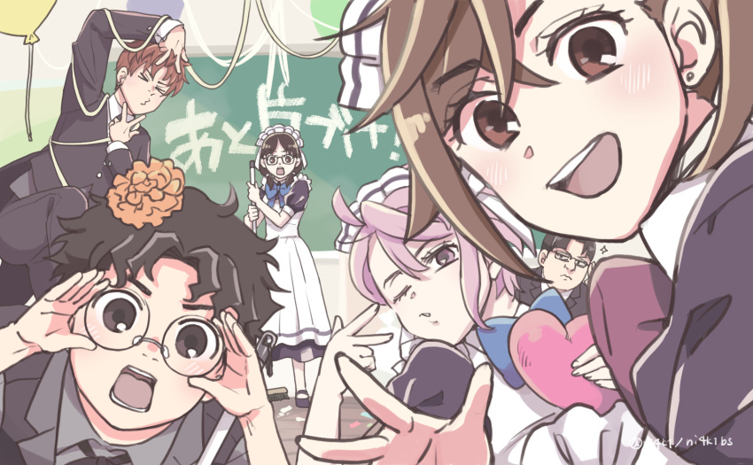 3boys, 3girls, apron, ayase_momo, balloon, black_dress, black_hair, black_jacket, blue_bow, blue_bowtie, bow, bowtie, brown_eyes, brown_hair, closed_eyes, collared_shirt, commentary_request, dandadan, dress, earrings, enjoji_jin, glasses, grey_shirt, hair_between_eyes, highres, indoors, jacket, jewelry, looking_at_viewer, maid, maid_apron, maid_headdress, medium_hair, multiple_boys, multiple_girls, ni4k1, one_eye_closed, open_mouth, pink_hair, round_eyewear, sakata_kinta, sawaki_rin, shiratori_aira_(dandadan), shirt, short_hair, sparkle, standing, stud_earrings, takakura_ken_(dandadan), upper_body, v, white_shirt
