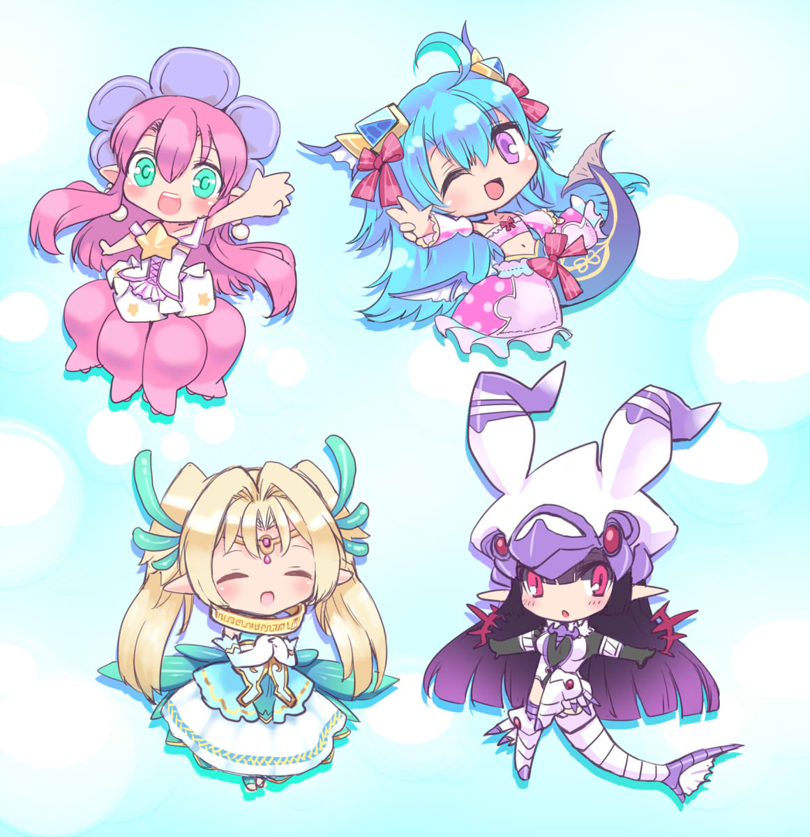 4girls, ahoge, ajitarou_(setsu), blonde_hair, blue_hair, bodysuit, chibi, closed_eyes