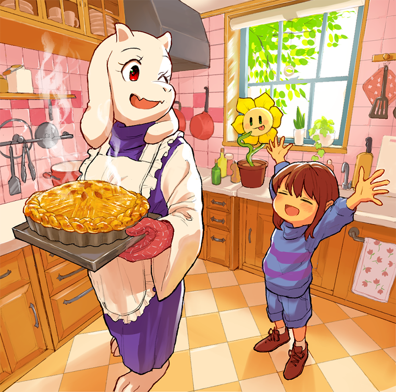 1girl, 1other, ;d, =_=, amber_graygamma, apron, arms_up, brown_hair, brown_shoes, child, closed_eyes, day, drawer, fangs, flower_pot, flowey_(undertale), food, frilled_apron, frills, frisk_(undertale), furry, furry_female, goat_girl, goat_horns, happy, holding, holding_tray, horns, indoors, kitchen, one_eye_closed, outstretched_arms, oven_mitts, pie, red_eyes, scenery, shoes, short_hair, skin_fangs, smile, standing, steam, tile_floor, tiles, toriel, tray, undertale, white_apron, window