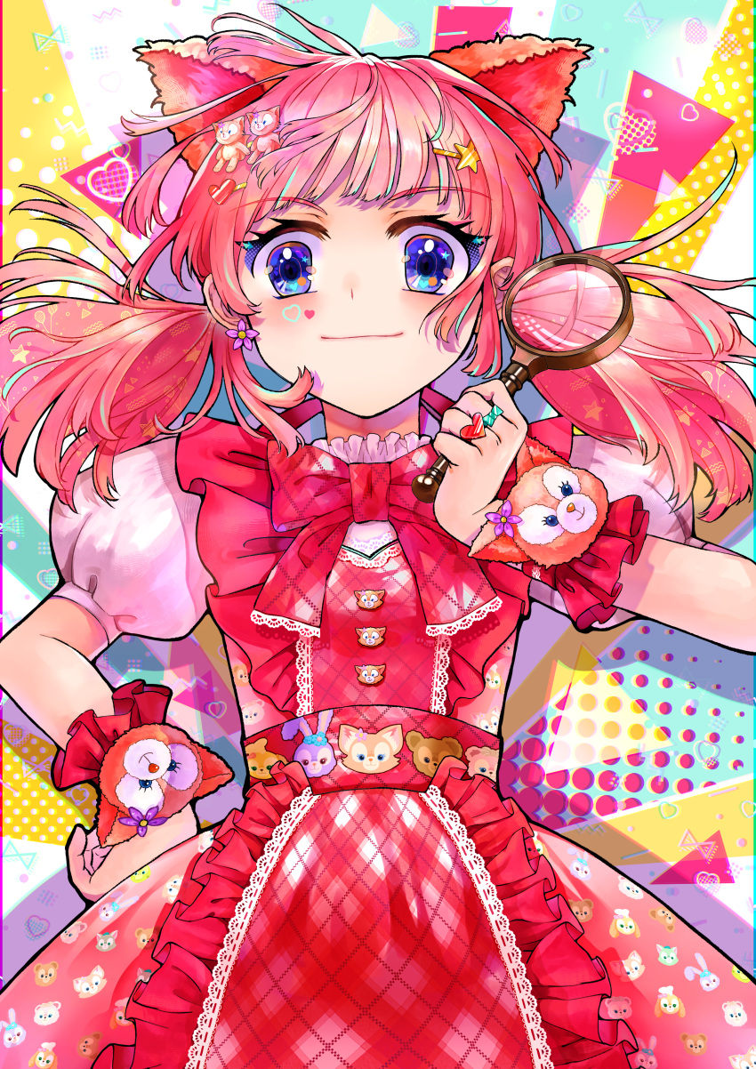 1girl, absurdres, animal_ears, animification, character_doll, cookieann, doll, duffy_and_friends, duffy_the_disney_bear, fox, fox_girl, highres, holding, holding_magnifying_glass, humanization, linabell, long_hair, looking_at_viewer, magnifying_glass, oemiracle, shelliemay, smile, solo, standing, stellalou, twintails