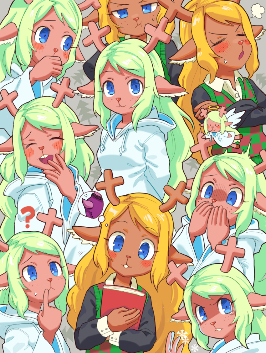 1girl, :3, :t, ?, amber_graygamma, animal_ears, antlers, blonde_hair