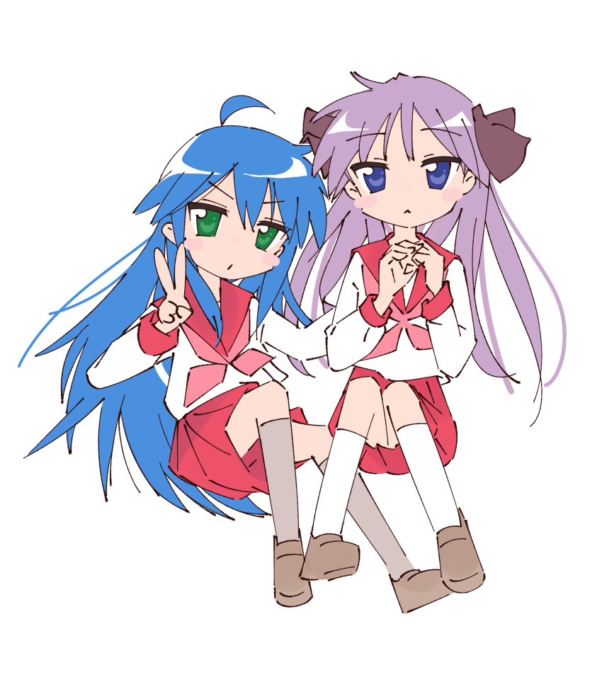 2girls, arm_behind_another's_back, black_bow, blue_eyes, blue_hair, blush, bow, brown_shoes