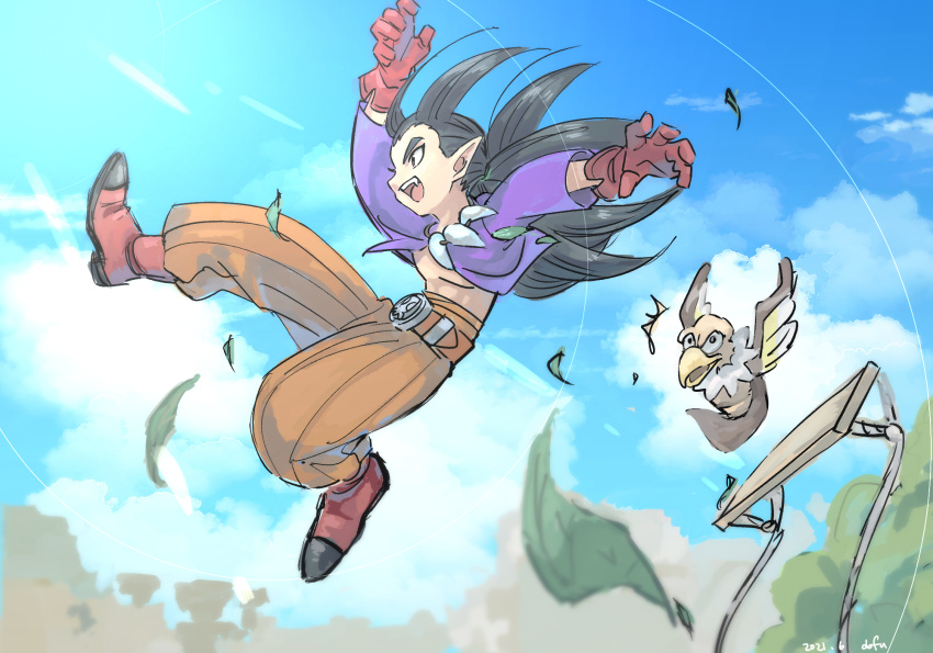 1boy, 1other, :d, belt, blue_sky, blurry, boots, brown_hair