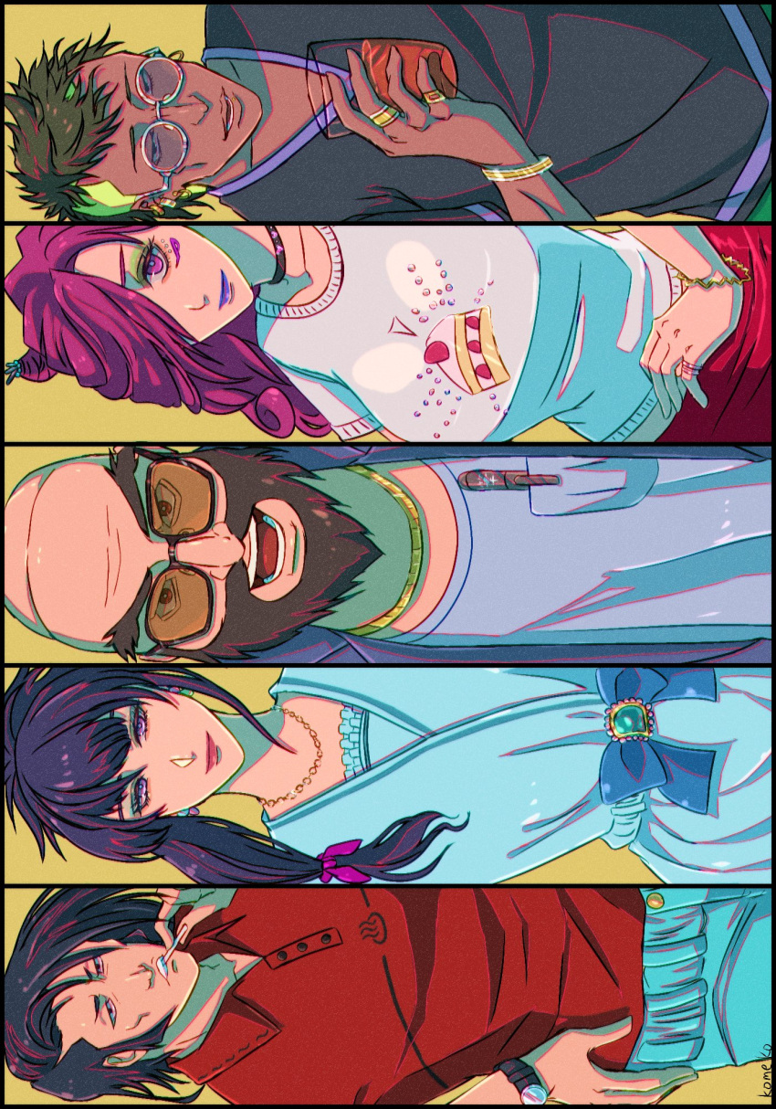 2025, 2girls, 3boys, :d, alternate_costume, alternate_hairstyle, aqua_dress, bald, beard, bespectacled, black-framed_eyewear, black_choker, black_hair, black_jacket, black_shirt, bleach, bleach:_sennen_kessen-hen, blue_bow, blue_pants, bow, bracelet, breasts, bright_pupils, casual, choker, closed_mouth, collarbone, collared_shirt, commentary_request, contemporary, cowboy_shot, cup, curly_hair, dark-skinned_male, dark_skin, dated_commentary, dress, dress_bow, ear_piercing, earrings, eyelashes, facial_hair, film_grain, glasses, grey_shirt, hair_bow, hair_over_one_eye, hand_on_own_hip, hand_up, highres, hikifune_kirio, holding, holding_cup, hyousube_ichibei, jacket, jewelry, kirinji_tenjirou, large_breasts, looking_at_viewer, lower_teeth_only, mature_female, mature_male, midriff, multiple_boys, multiple_girls, multiple_rings, necklace, nimaiya_ouetsu, old, old_man, one_eye_covered, open_clothes, open_jacket, open_mouth, orange-tinted_eyewear, pants, piercing, pink_eyes, pink_hair, purple_bow, purple_lips, red_eyes, red_lips, red_shirt, ring, round_eyewear, shirt, short_eyebrows, short_hair, short_sleeves, shutara_senjumaru, side_ponytail, simple_background, smile, spiky_hair, strikek-lvvjm27, sunglasses, teeth, thick_eyebrows, tinted_eyewear, tongue, tsurime, violet_eyes, watch, watch, white-framed_eyewear, white_pupils, white_shirt, yellow_background