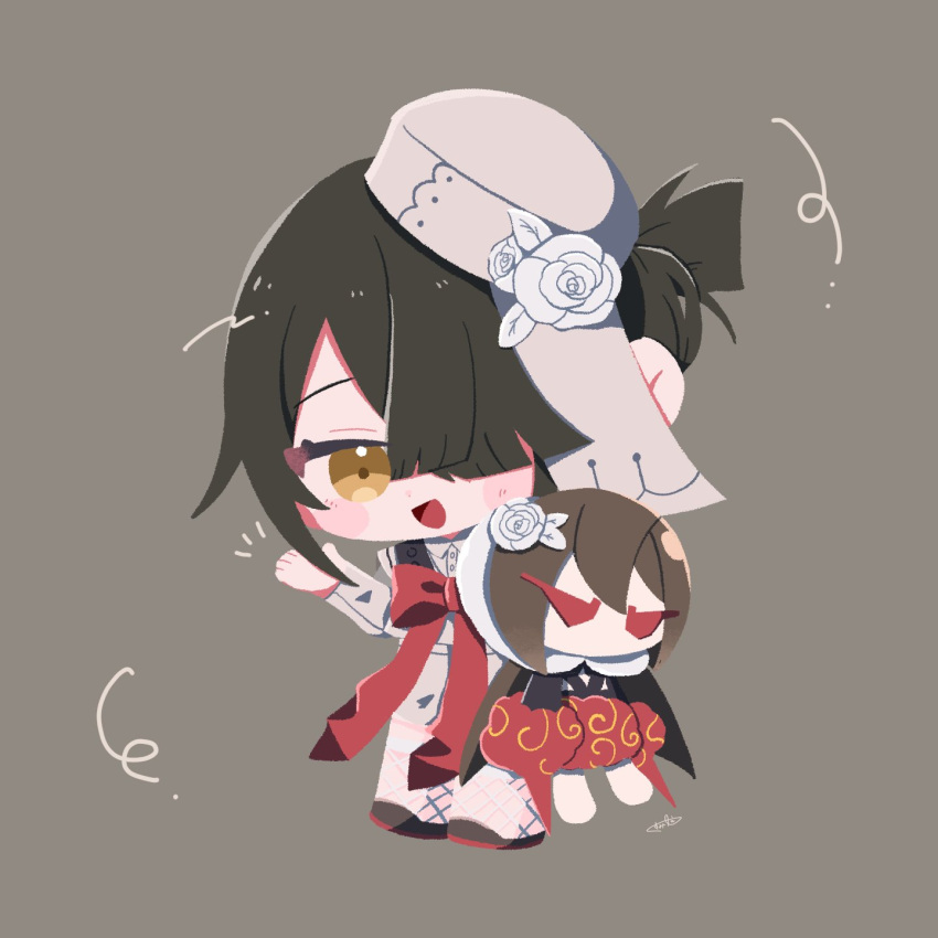 1girl, black_hair, blush, bow, bowtie, brown_eyes, chibi, chibi_only, dress, fate/grand_order, fate_(series), fishnets, flower, hair_over_one_eye, hat, hat_flower, highres, lady_yu_doll, mini_hat, open_mouth, red_bow, red_bowtie, sailor_collar, short_dress, short_hair, solo, stuffed_toy, white_dress, white_hat, xu_fu_(fate), xu_fu_(fgo_fes._2025)_(fate), yue_cang87