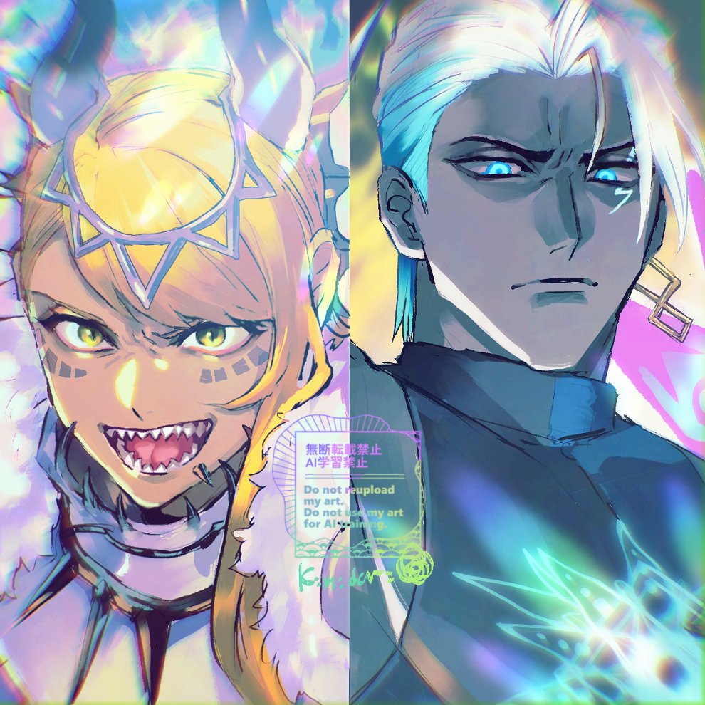01rosso, 1boy, 1girl, armor, black_shirt, blonde_hair, blue_eyes, cape, colored_sclera, colored_skin, dark-skinned_female, dark_skin, dragon_girl, dragon_horns, earrings, facial_mark, fate/grand_order, fate_(series), fur_cape, grey_sclera, grey_skin, hair_ornament, hair_slicked_back, horns, indra_(fate), jewelry, lightning_bolt_facial_mark, long_hair, open_mouth, sharp_teeth, shirt, short_hair, side_labret_piercing, sleeveless, sleeveless_shirt, swept_bangs, teeth, upper_body, vritra_(fate), white_armor, white_hair, yellow_eyes