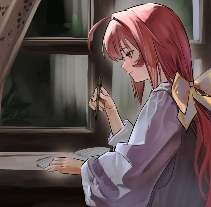 1girl, ahoge, bow, chinese_commentary, closed_mouth, commentary_request, from_side, hair_bow