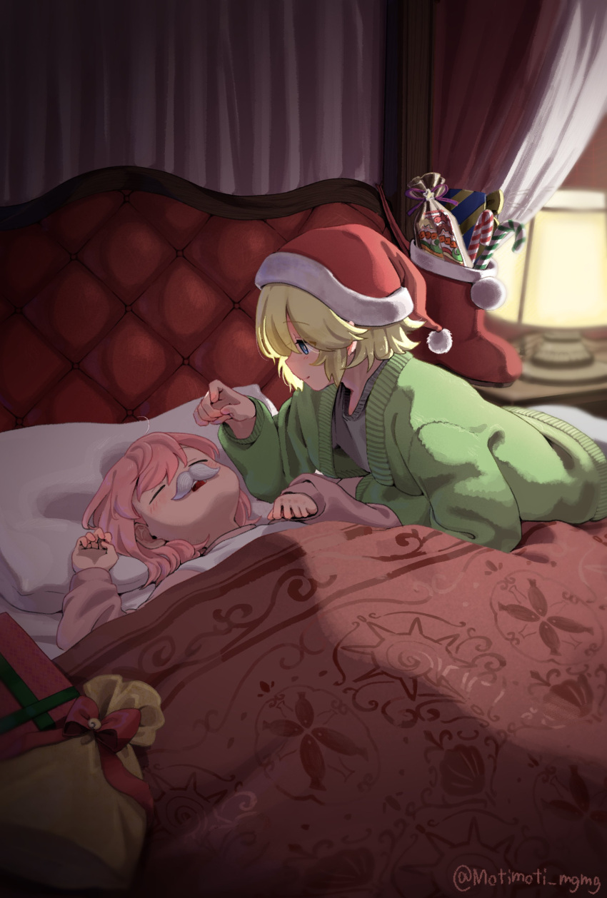 2boys, absurdres, arm_rest, artist_name, bag, bed, bed_sheet, blanket