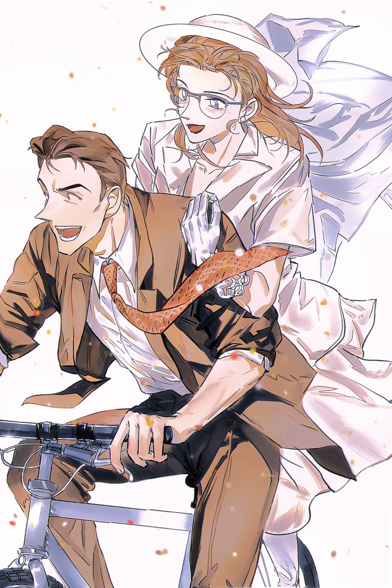 1boy, 1girl, bicycle, black_hair, blue_eyes, couple, dress, hetero