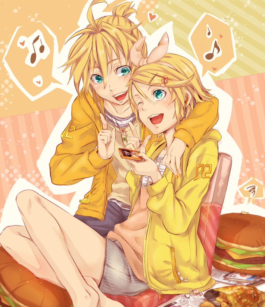 blonde_hair, blue_eyes, digital_media_player, earphones, hair_bow, hairclip, heart, hoodie