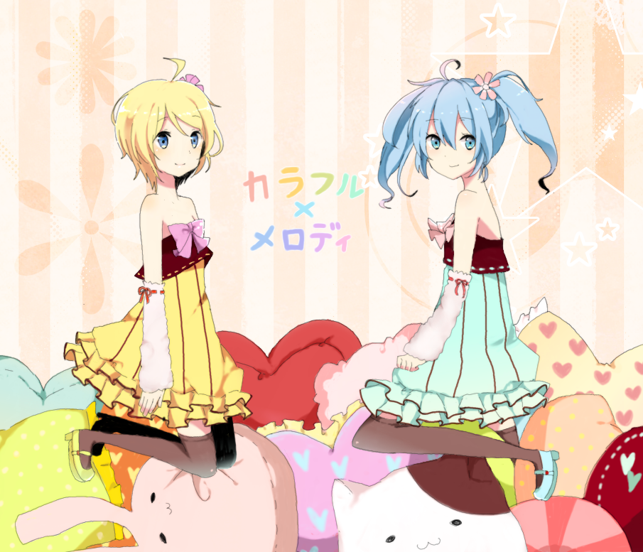 2girls, ahoge, aqua_eyes, blue_eyes, blue_hair, colorful_x_melody_(vocaloid), detached_sleeves, dress