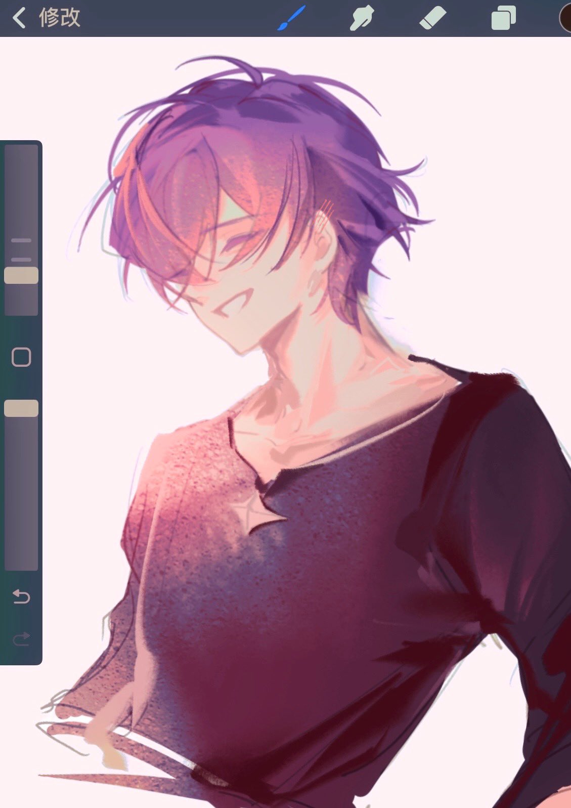 1boy, anshango, art_program_in_frame, black_shirt, closed_eyes, commentary_request, crew_neck, cropped_torso