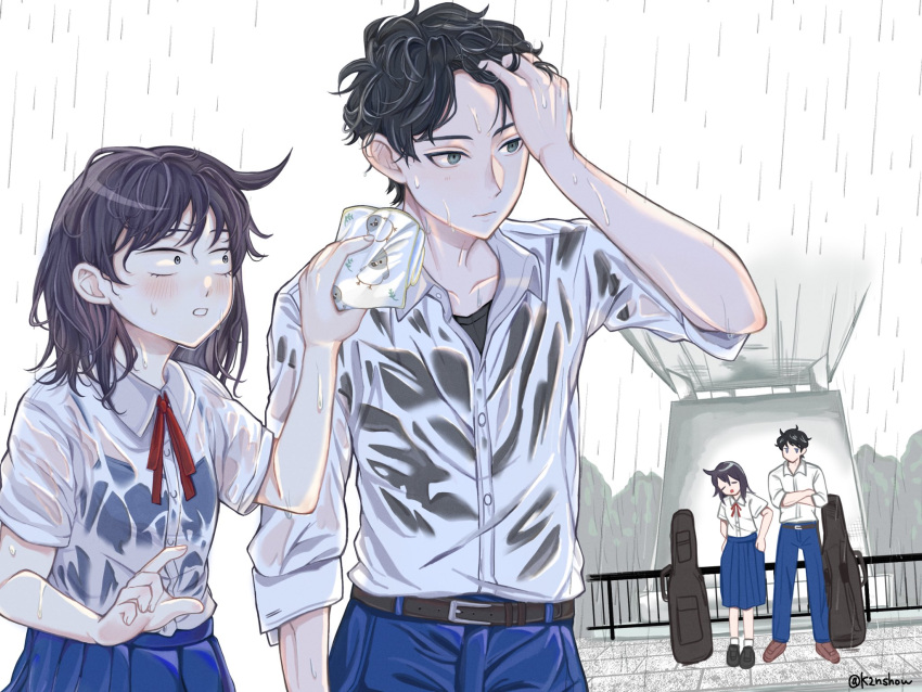 1boy, 1girl, belt, bien_(k2nshow), bird, black_belt, black_hair, black_undershirt