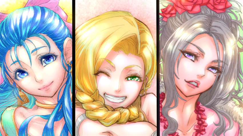 3girls, aqua_tank_top, armlet, bianca_(dq5), black_border, blonde_hair, blue_eyes, blue_hair
