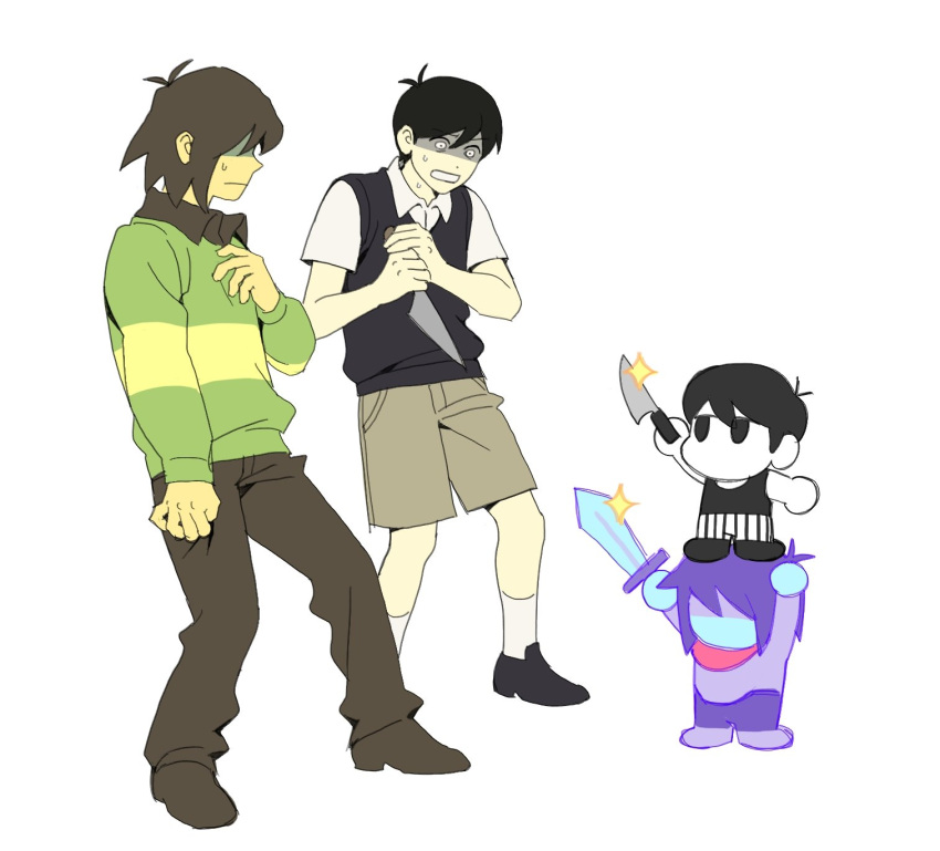 2boys, 2others, :|, black_hair, black_shoes, black_sweater_vest, brown_hair, brown_pants, brown_shorts, closed_mouth, crossover, deltarune, dual_persona, full_body, hero_sword_(deltarune), highres, holding, holding_knife, human_tower, knife, kris_(deltarune), mini_person, miniboy, multiple_boys, multiple_others, omori, omori_(omori), on_head, pants, person_on_head, scared, shaded_face, shoes, short_hair, shorts, simple_background, socks, sparkle, stacking, standing_on_person, sunny_(omori), sweat, sweater_vest, trait_connection, ttudolee, white_background, white_eyes, white_socks