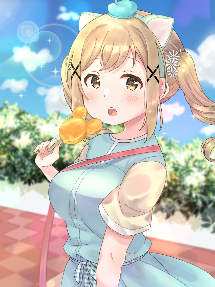 1girl, bang_dream!, blonde_hair, blush, brown_eyes, cosplay, duffy_and_friends, gelatoni