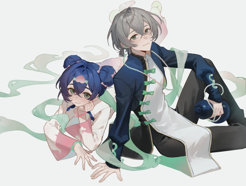 1boy, 1girl, absurdres, alternate_costume, belle_(zenless_zone_zero), bottle, bow, chinese_clothes