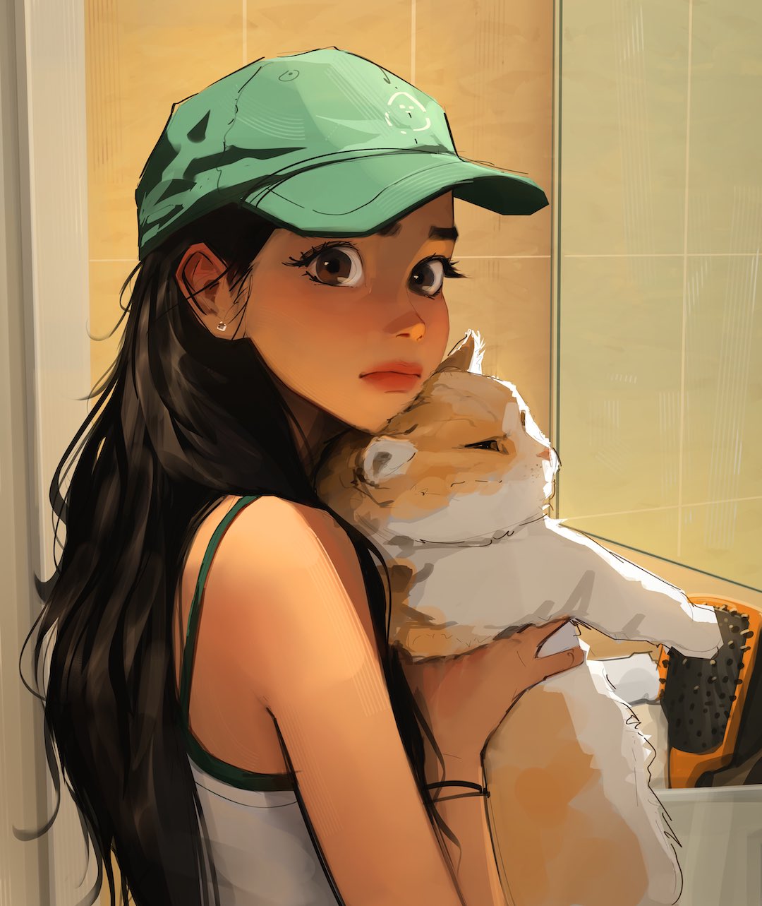 1girl, animal, baseball_cap, black_hair, brown_eyes, cat, earrings, golden_british_shorthair, green_hat, hair_brush, hair_over_shoulder, hat, highres, holding, holding_animal, jewelry, long_hair, looking_at_self, original, sam_yang, shirt, sleeveless, sleeveless_shirt, spaghetti_strap, sparkling_eyes, stud_earrings, tile_wall, tiles, very_long_hair, wavy_hair