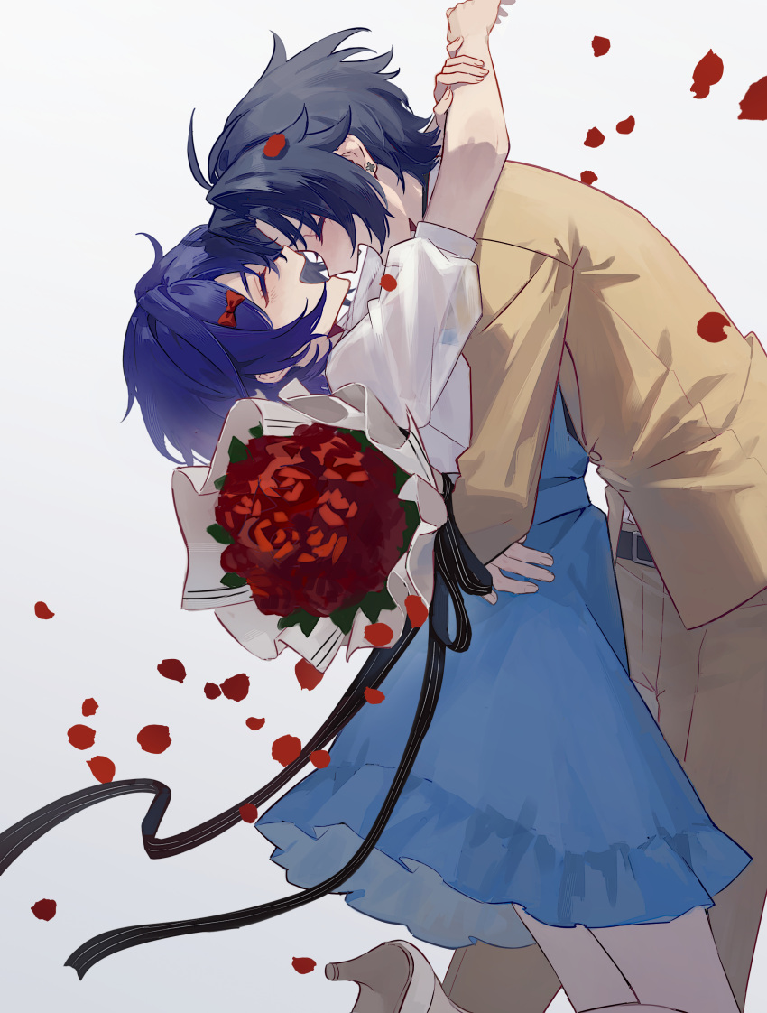 1boy, 1girl, absurdres, asaba_harumasa, belle_(zenless_zone_zero), black_hair, black_ribbon, blue_dress