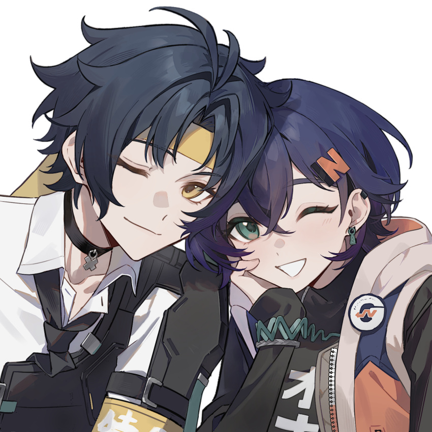 1boy, 1girl, asaba_harumasa, belle_(zenless_zone_zero), black_choker, black_hair, blue_hair, chinese_commentary