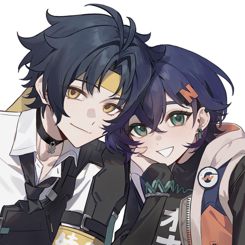 1boy, 1girl, asaba_harumasa, belle_(zenless_zone_zero), black_choker, black_hair, blue_hair, chinese_commentary
