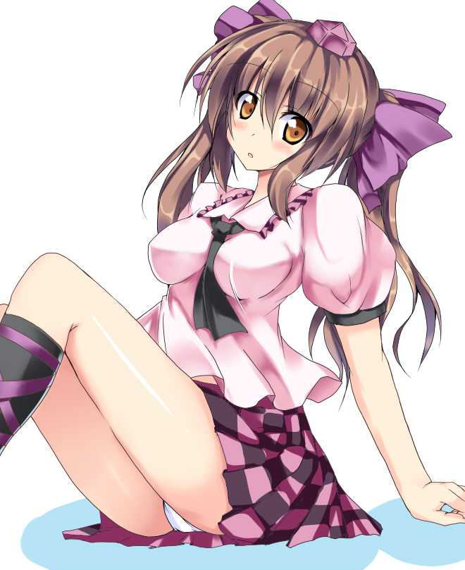 blush, bow, brown_eyes, brown_hair, checkered, checkered_skirt, hair_bow, hair_ribbon