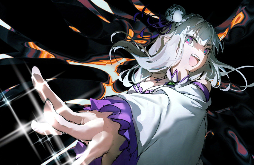 1girl, braid, detached_collar, detached_sleeves, diffraction_spikes, emilia_(re:zero), floating_hair, frilled_sleeves