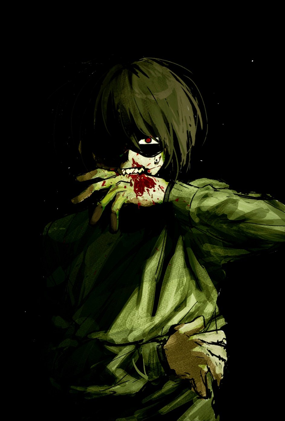 1other, biting, biting_own_hand, black_background, blood, blood_on_face, blood_on_hands, brown_hair, dark, deltarune, highres, injury, kris_(deltarune), looking_at_viewer, one_eye_covered, other_focus, red_eyes, shaded_face, short_hair, solo, sweatdrop, teeth, u0u_zzz, upper_body
