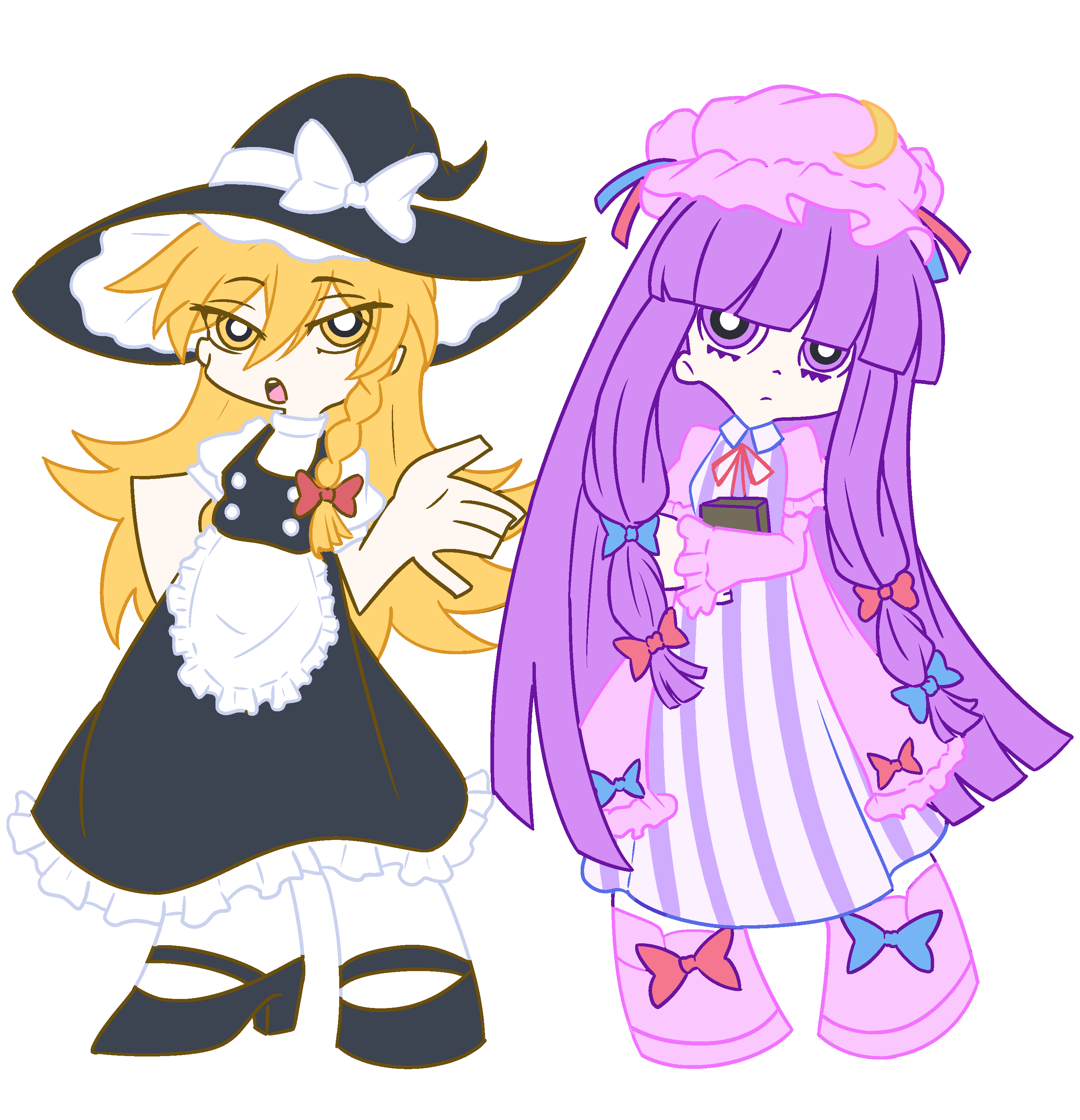 2girls, absurdres, changing_artstyle, highres, kirisame_marisa, multiple_girls, nanaii_desu, panty_&amp;_stocking_with_garterbelt, panty_&amp;_stocking_with_garterbelt_(style), parody, patchouli_knowledge, style_parody, touhou, white_background