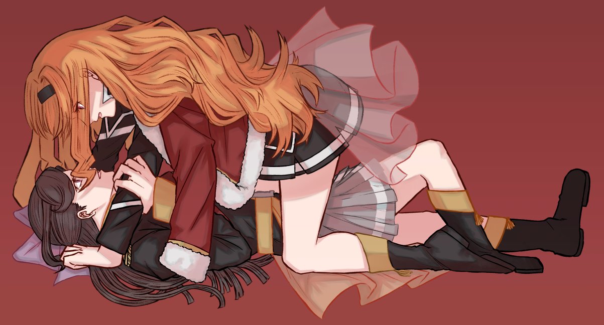 2girls, belt, black_boots, black_hairband, black_jacket, blonde_hair, boots, brown_hair