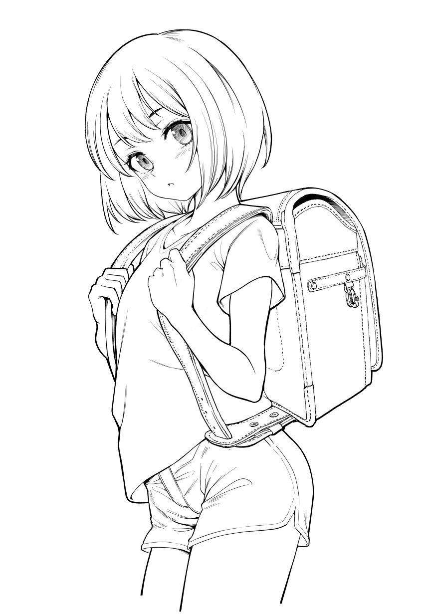 1girl, absurdres, backpack, bag, blush, bob_cut, commentary_request, cowboy_shot, dolphin_shorts, greyscale, highres, kuroki_yuushin, looking_at_viewer, monochrome, original, parted_lips, randoseru, shirt, short_hair, short_sleeves, shorts, simple_background, solo, t-shirt, white_background