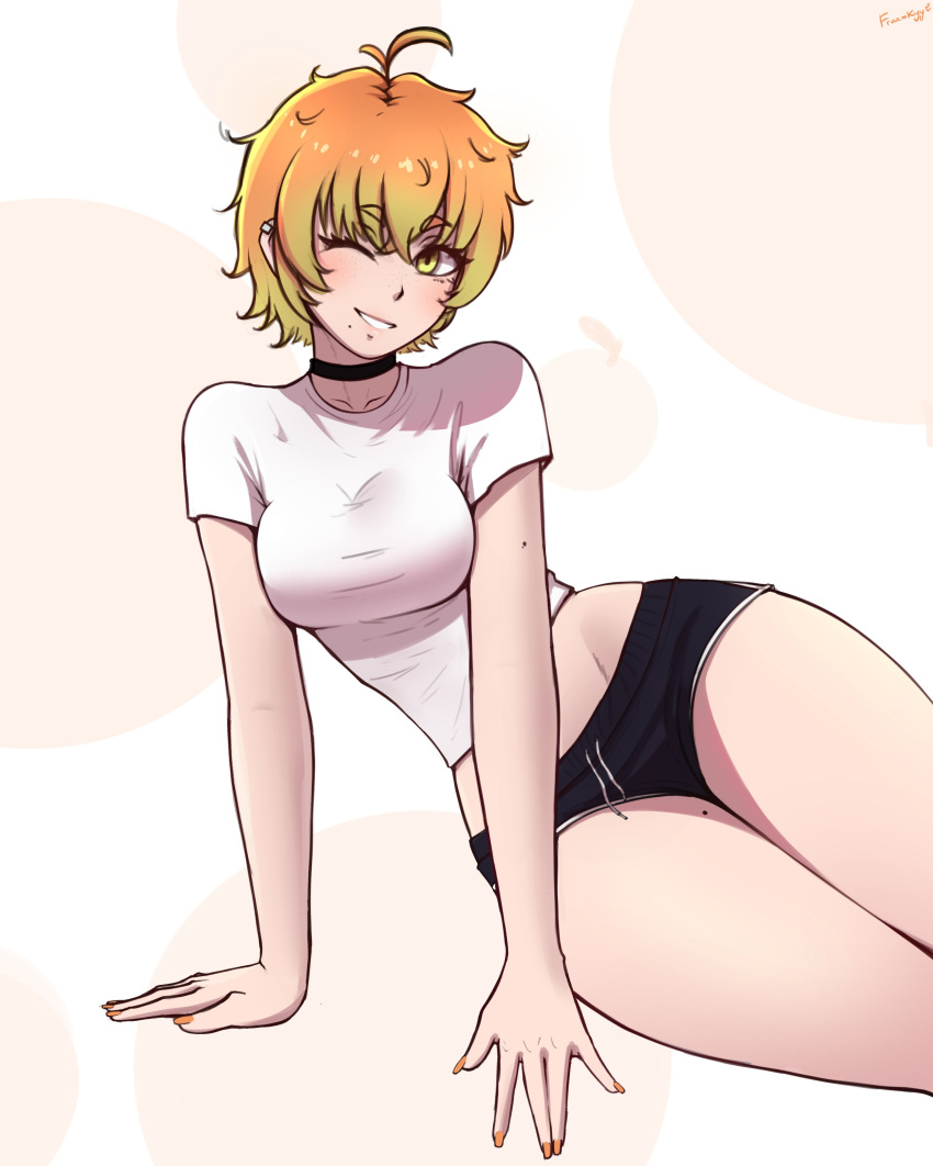 absurdres, choker, dolphin_shorts, fluffy_hair, fraankyy, highres, mole, mole_under_mouth