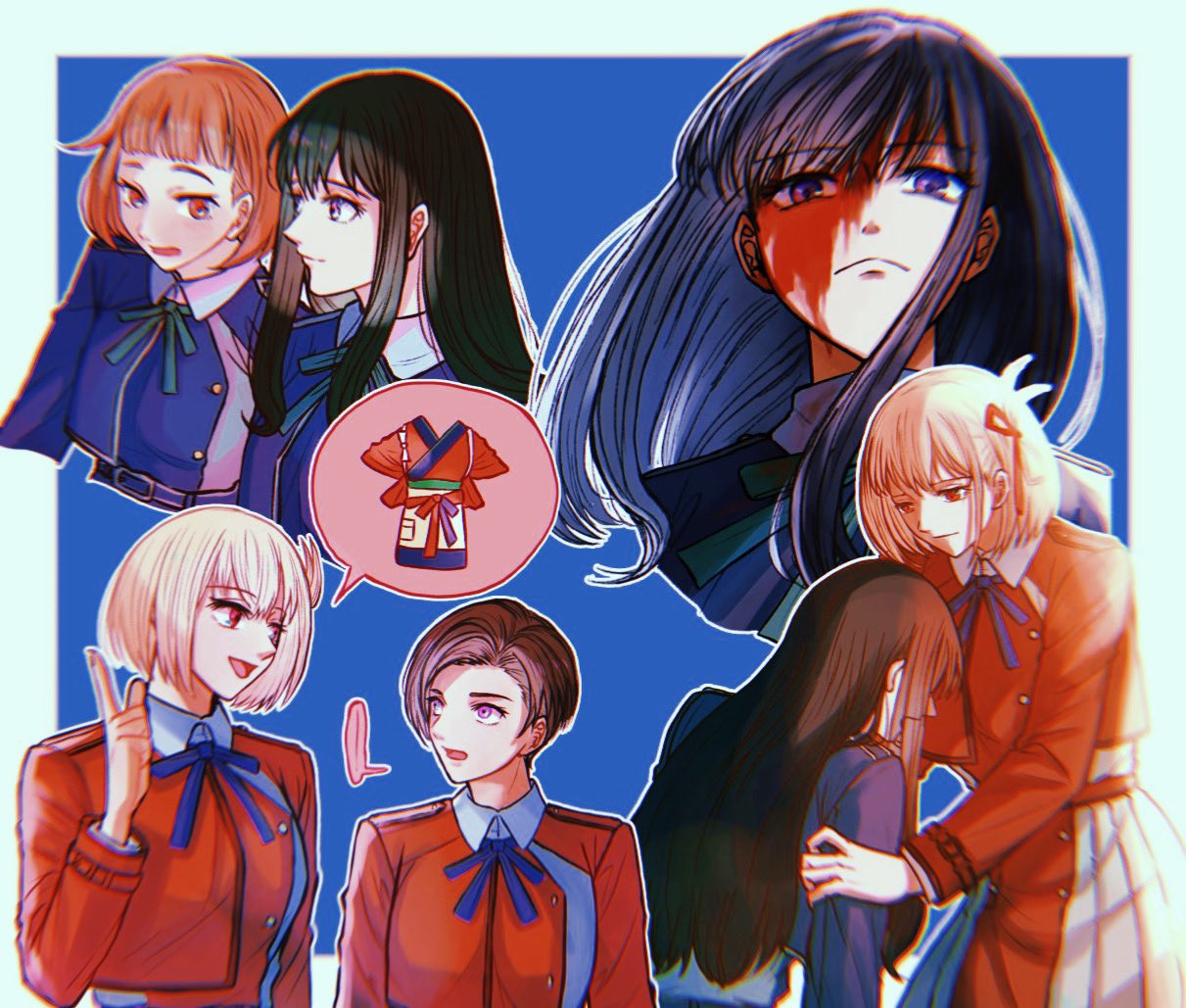 4girls, black_hair, blonde_hair, blood, blood_on_face, blue_background, blue_dress, blue_ribbon