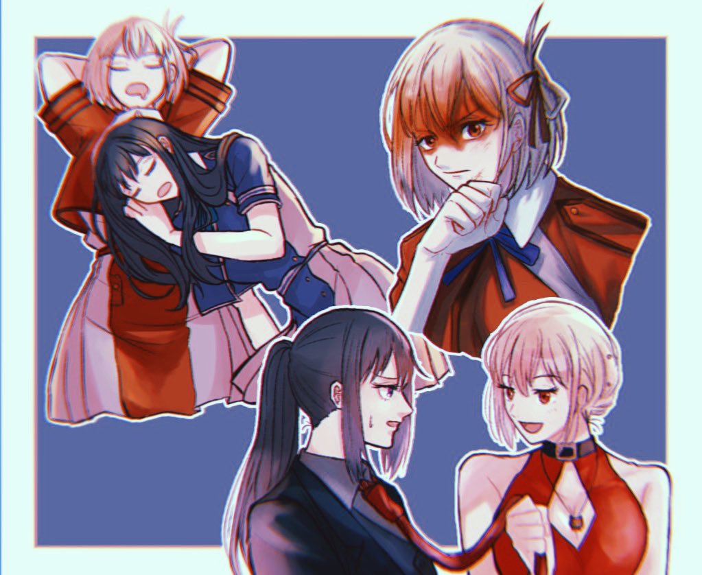 2girls, black_hair, black_jacket, blonde_hair, blue_background, blue_dress, blue_ribbon, closed_eyes, clothes_grab, commentary_request, dress, hair_ribbon, inoue_takina, jacket, jewelry, kumabehaso, long_hair, looking_at_another, lycoris_recoil, lycoris_uniform, multiple_girls, neck_ribbon, necklace, necktie, necktie_grab, neckwear_grab, nishikigi_chisato, open_mouth, ponytail, red_dress, red_eyes, red_necktie, red_ribbon, ribbon, sleeping, sleeping_on_person, smile, sweatdrop, two-tone_background, violet_eyes, yuri
