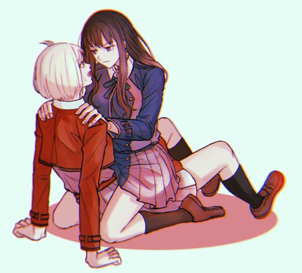 black_hair, black_socks, blonde_hair, blue_background, blue_dress, brown_shoes, closed_mouth, commentary_request, dress, hand_on_another's_shoulder, inoue_takina, kneehighs, kumabehaso, long_hair, lycoris_recoil, lycoris_uniform, nishikigi_chisato, open_mouth, red_dress, red_eyes, shoes, short_hair, simple_background, sitting, sitting_on_lap, sitting_on_person, socks, violet_eyes, yuri