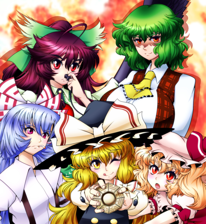 ;q, bow, cigarette, flandre_scarlet, fujiwara_no_mokou, hair_bow, hat, hat_bow