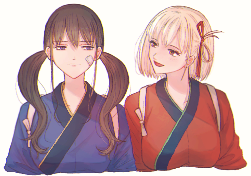 2girls, bandage_on_face, bandages, black_hair, blonde_hair, closed_mouth, commentary_request, hair_ribbon