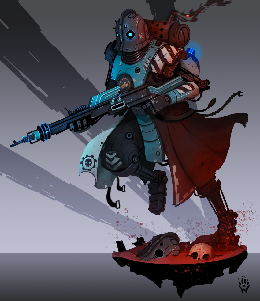 absurdres, adeptus_mechanicus, adeptus_mechanicus_(symbol), armor, artist_logo, black_armor, blue_armor, blue_eyes