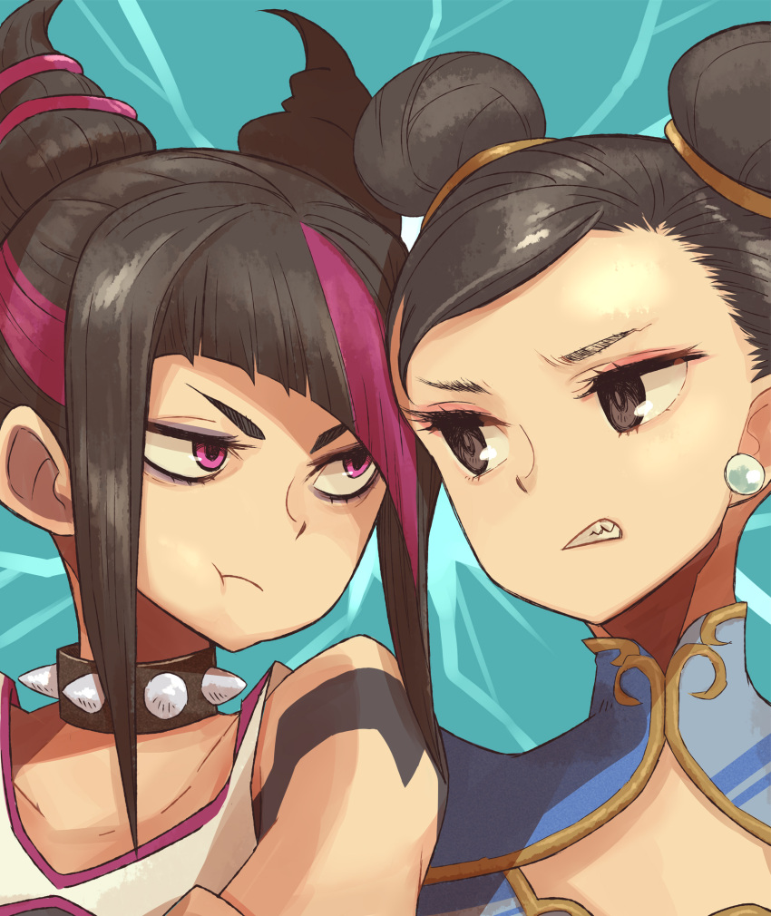 2girls, black_hair, blue_background, chun-li, collar, commentary_request, double_bun, eushima_(sgr)