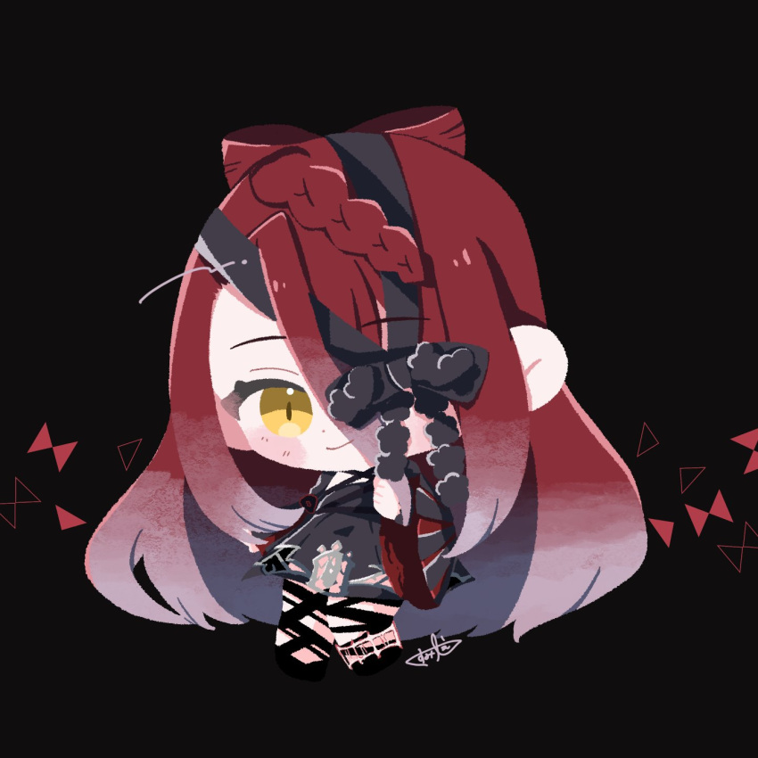 1girl, black_dress, blush, braid, chibi, chibi_only, dress, fate/grand_order, fate_(series), hair_over_one_eye, hair_ribbon, highres, long_hair, red_hair, ribbon, solo, thigh_strap, typhon_ephemeros_(fate), typhon_ephemeros_(second_ascension)_(fate), very_long_hair, yellow_eyes, yue_cang87