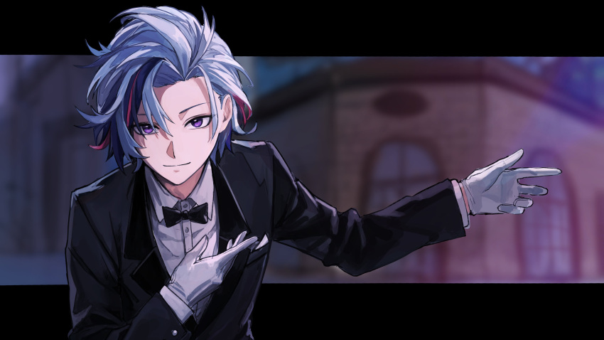1boy, absurdres, alternate_costume, black_bow, black_bowtie, black_jacket, blurry, blurry_background